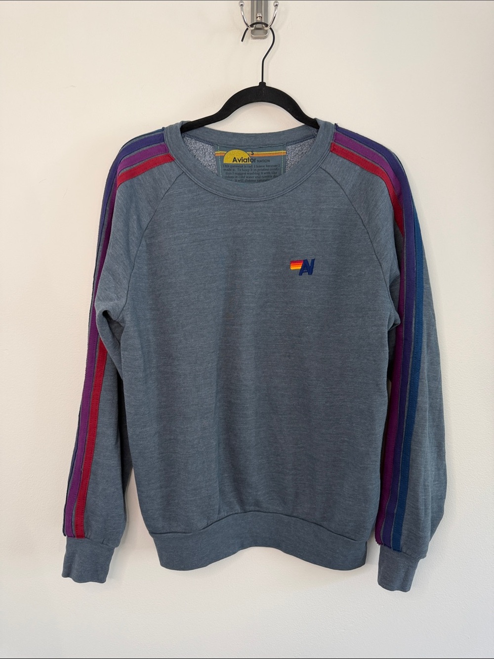Aviator Nation Slate Blue Crewneck Fleece Rainbow Shoulder Stripes Unisex Small